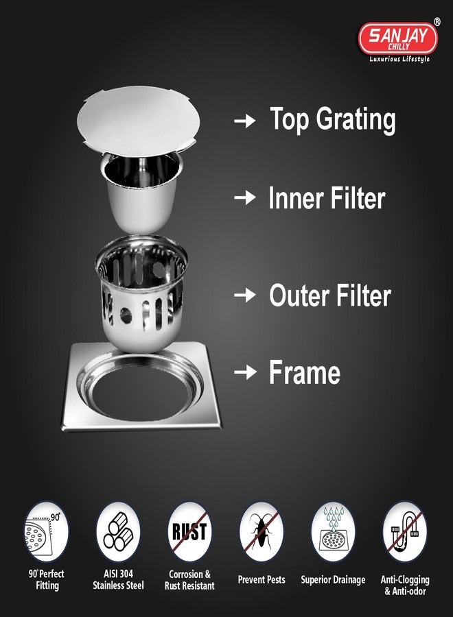 SANJAY CHILLY مصيدة صراصير مربعة الشكل من سانجاي تشيلي، مقاس 6×6 بوصة، مصنوعة من الفولاذ المقاوم للصدأ 304 | شبكة تصريف أرضية بلمسة نهائية لامعة للمنزل والمطبخ - Image 4